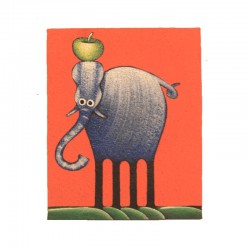 Tableau naïf animaux 19,5x25 cm - Eléphant fond corail