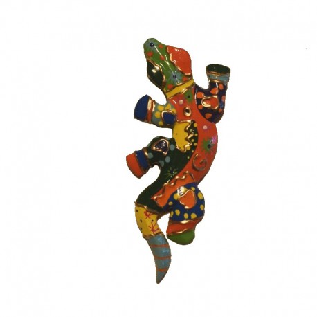 Wall gecko multicolored painted wood H12 cm