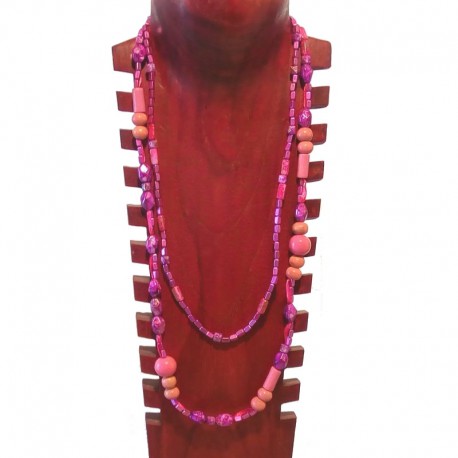 Painted wood and metal beads necklace - Pink and purple